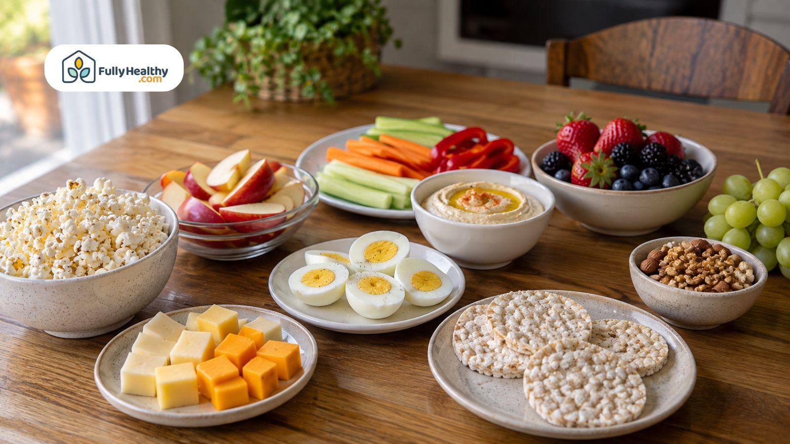 Gluten-free snacks including eggs, fruit, vegetables, nuts, cheese, and rice cakes.