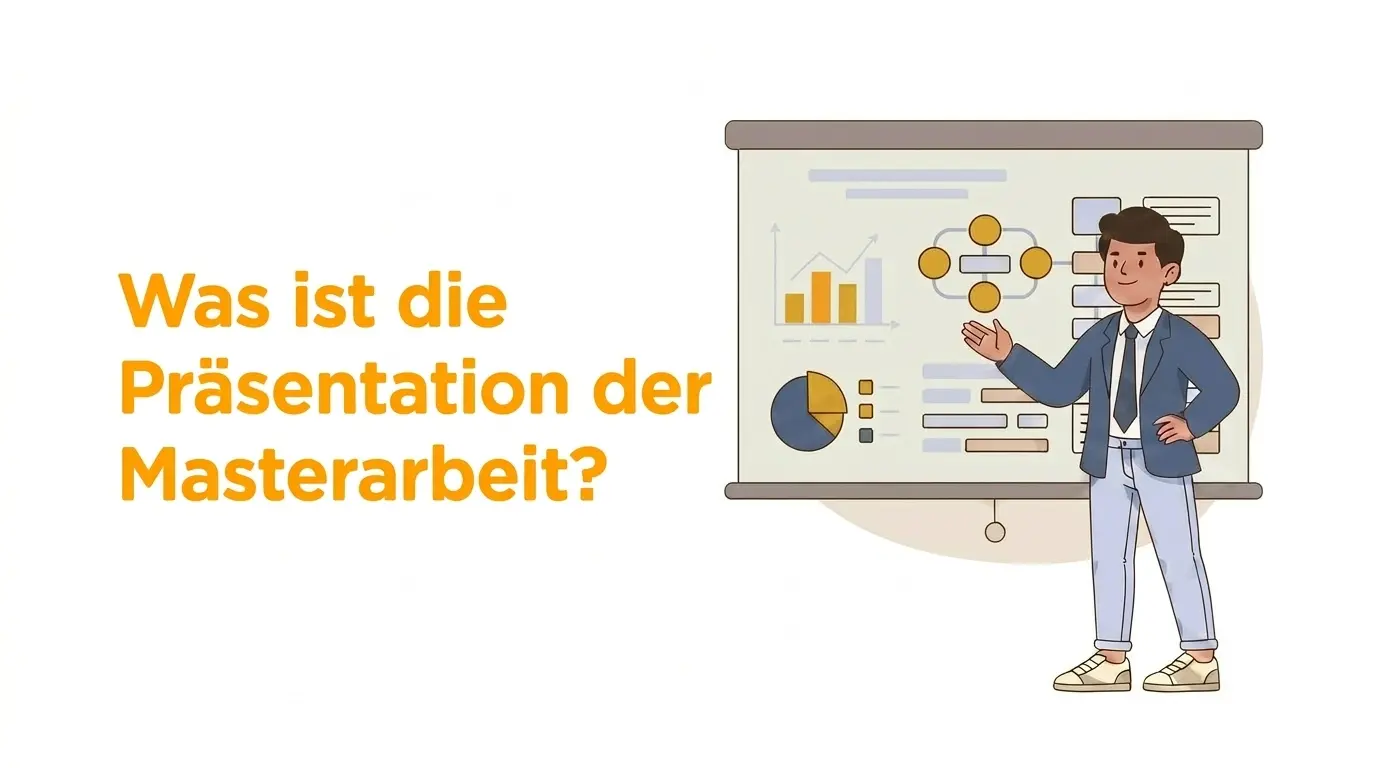 Illustration zur Präsentation der Masterarbeit mit Student vor einer Leinwand mit Diagrammen