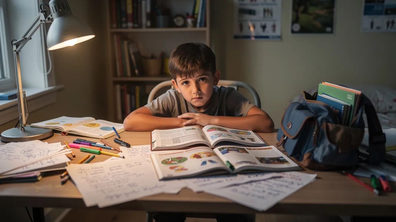 A child is seated at a study desk cluttered with scattered worksheets, open textbooks, and a half-packed school bag, illustrating the challenges of managing executive function skills while completing tasks. This scene reflects the common struggle many children face in maintaining focus and organization in their learning environment.