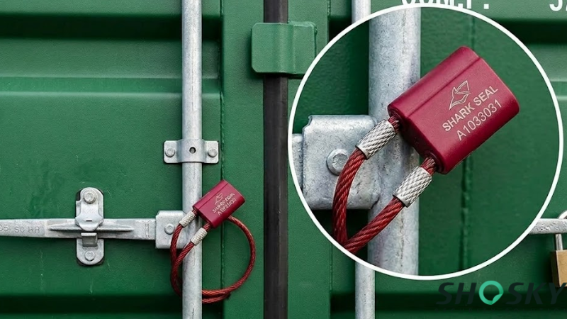 Cable seal in red color applied to door of a truck