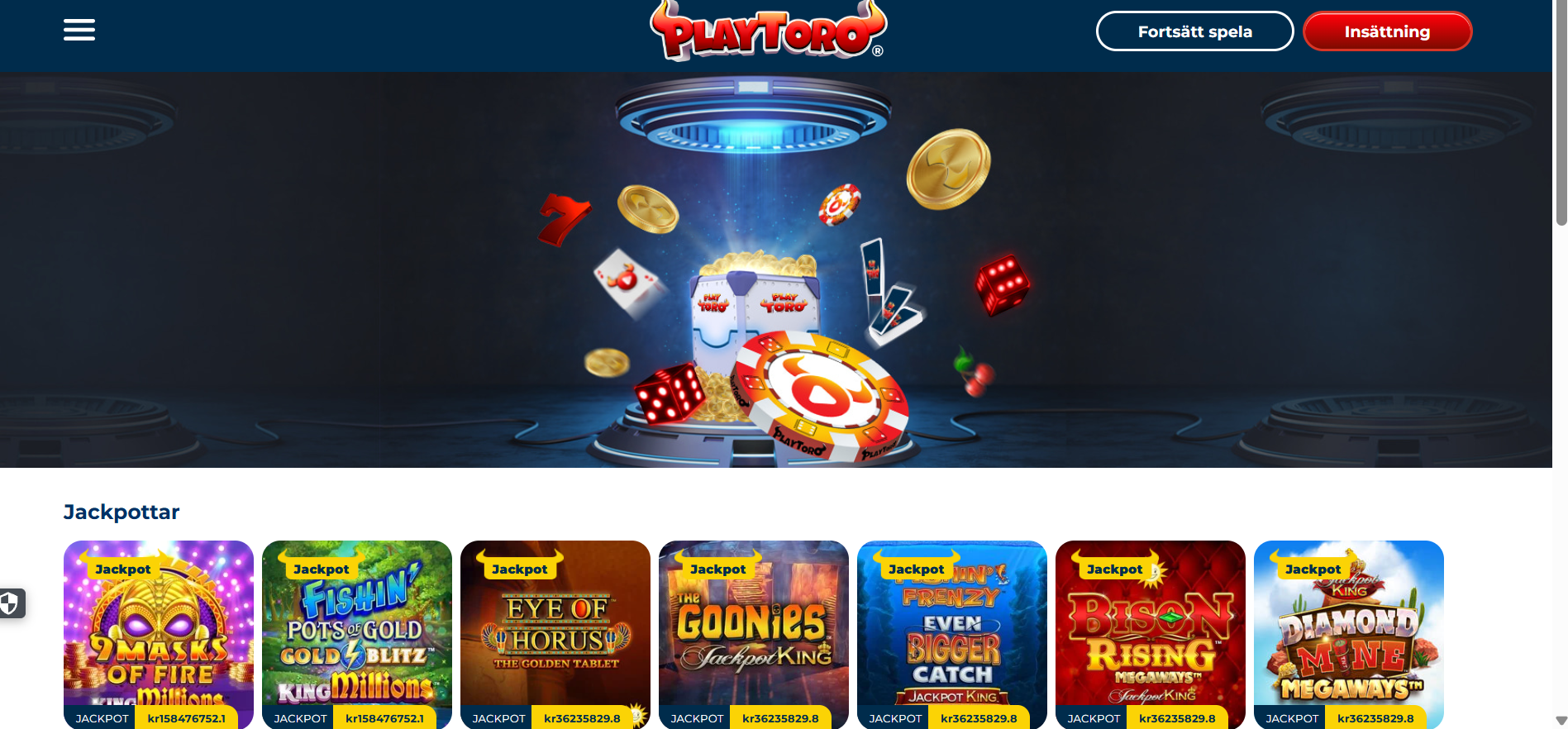 PlayToros jackpotsida med olika jackpotspel.