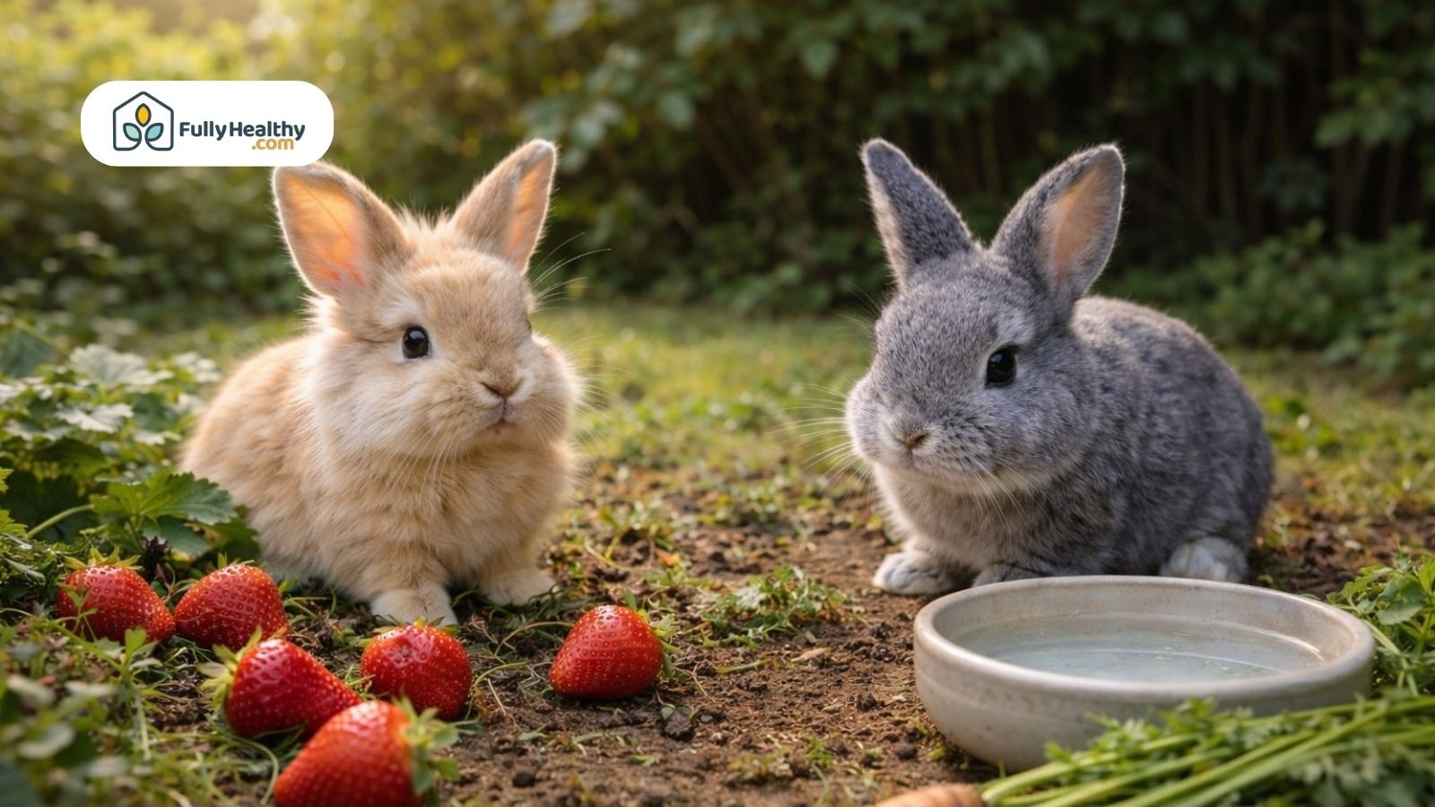 Two rabbits sitting outdoors beside strawberries and water bowl