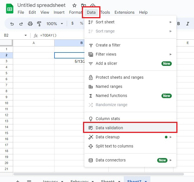 Go to the Data tab and click the Data Validation menu on your Google Sheet.