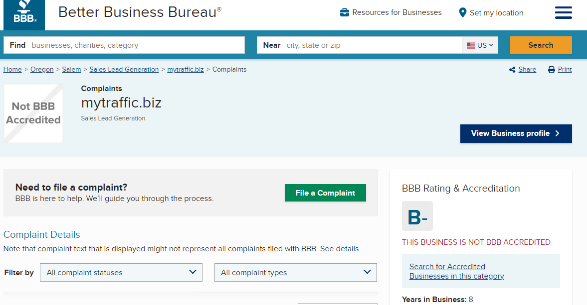 Better Business Bureau where it has a score of B-
