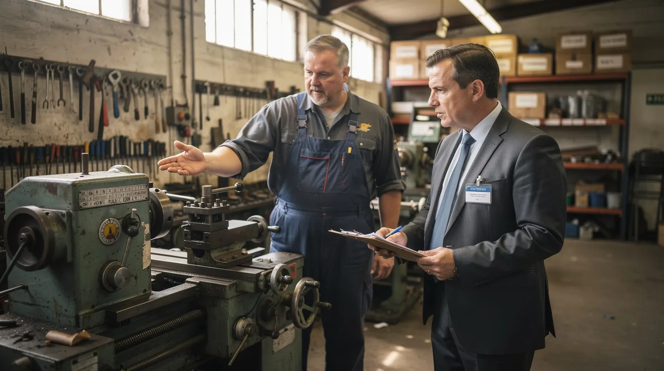 f3855b7c 1fe2 4568 8d8d 5a6d24d4f051 The image depicts a bank officer inspecting machinery in a small workshop, likely assessing the business viability for a mudra loan application. The officer appears engaged in conversation with the small business owner, discussing aspects such as credit history and the basic business plan necessary for loan approval.
