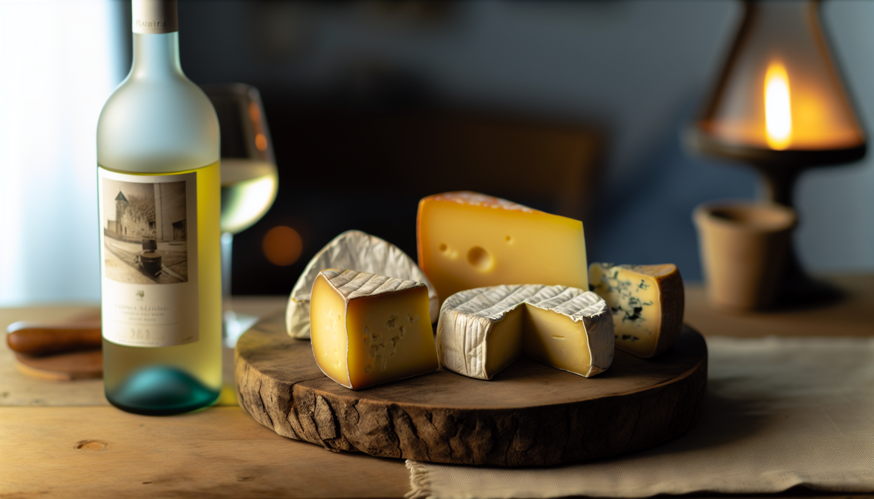 Assortment of gourmet cheeses with a bottle of white wine