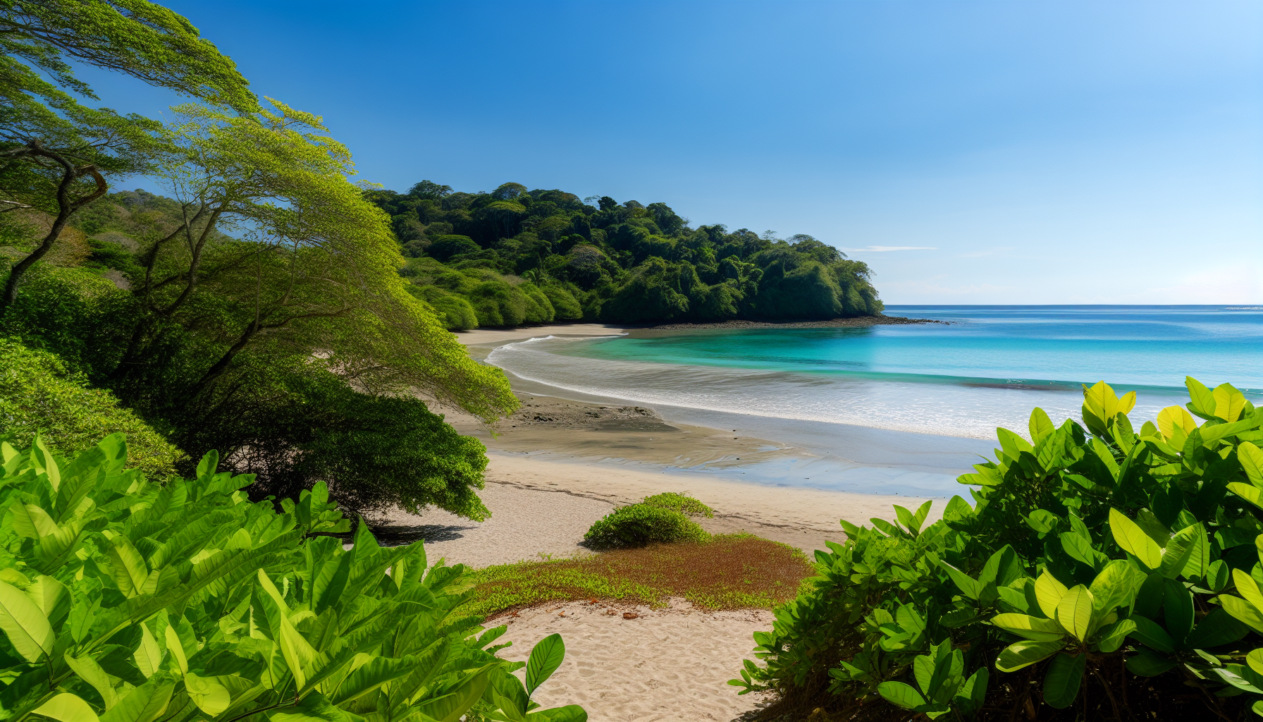 A serene beach with soft tan sand and clear water, Playa Minas offers a secluded atmosphere perfect for relaxation.