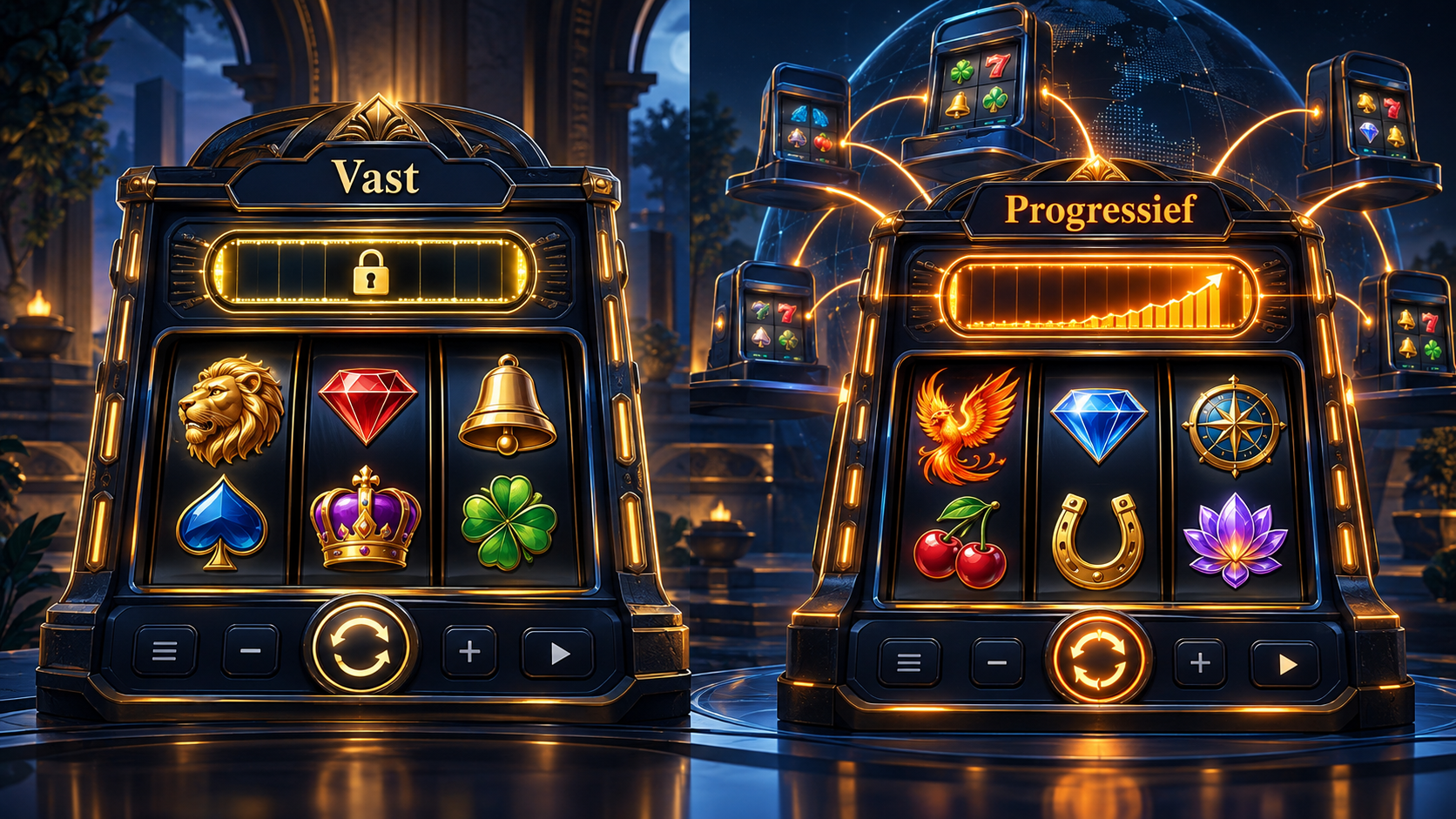 Vergelijking tussen een vaste jackpot en een progressieve jackpot bij online slots.
