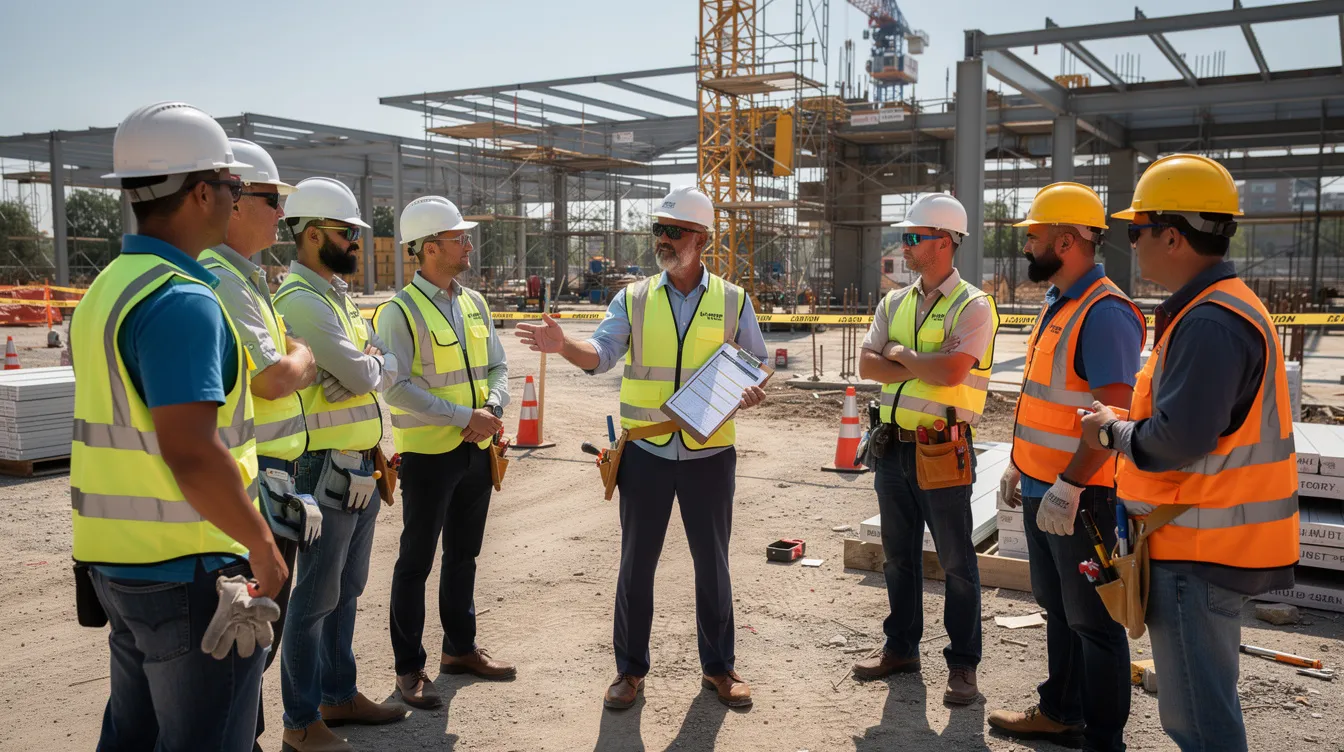 A construction supervisor is leading a safety toolbox talk with a crew, all wearing hard hats and high-visibility vests, emphasizing the importance of safety and compliance in the construction industry. The scene reflects a commitment to protecting the workforce and ensuring informed decisions regarding current projects and potential risks.