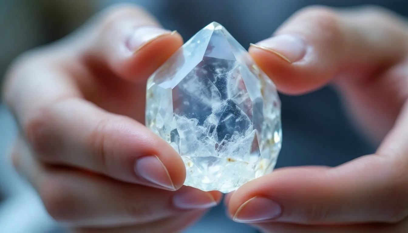 In this close-up image, a pair of hands is carefully examining a crystal, focusing on its clarity and color, showcasing the natural formations of the stone. The scene highlights the beauty of healing crystals like rose quartz and amethyst, inviting viewers to discover the world of gemstone jewellery and their healing properties.