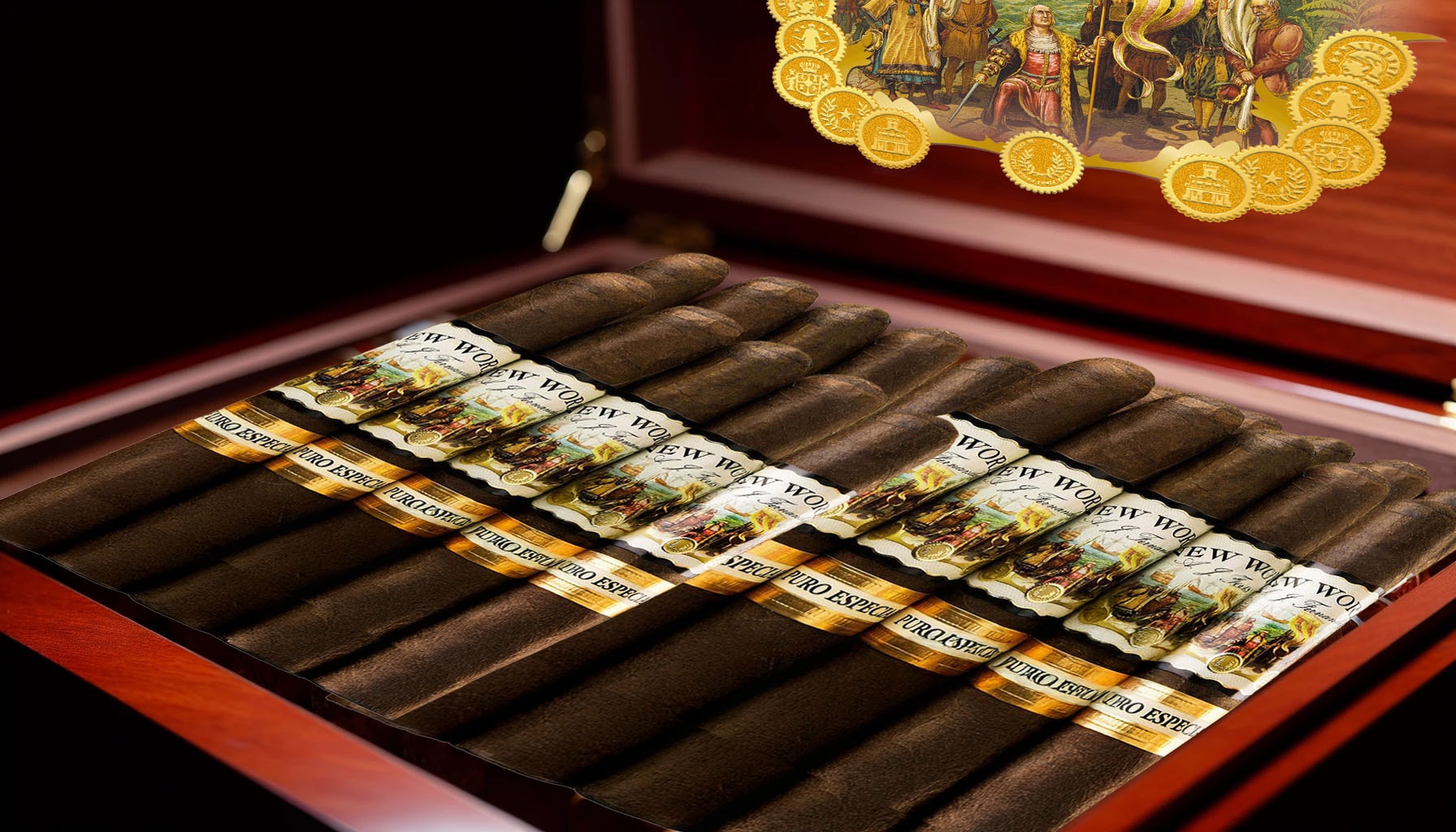 Various types of cigars displayed in a humidor