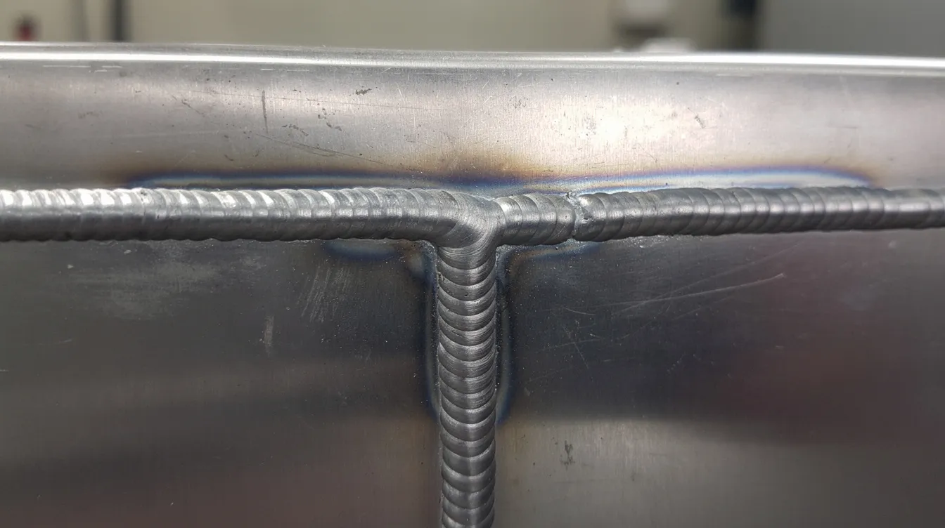 A close-up photograph showcases a clean and uniform TIG weld bead on a thin stainless steel corner joint, highlighting the precision of the sheet metal welding process. The weld exhibits smoothness and consistency, indicative of high-quality welding techniques.
