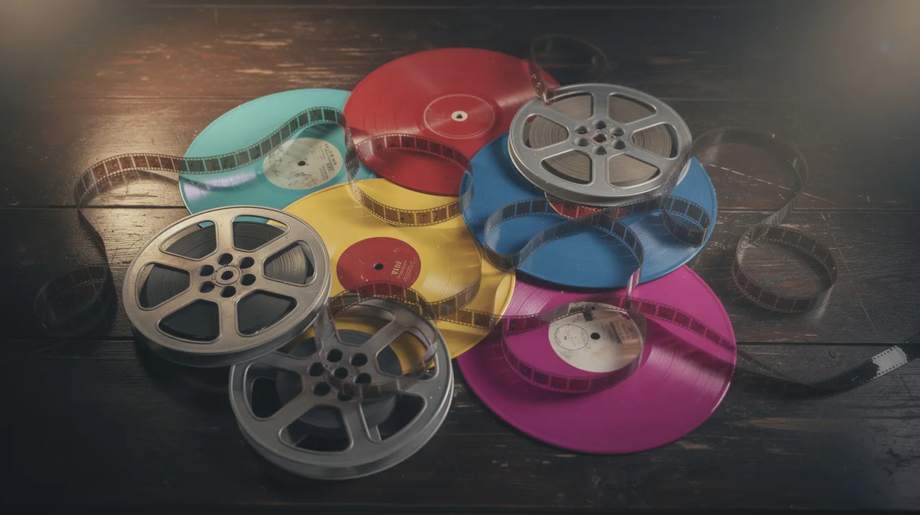Die Collage zeigt eine farbenfrohe Anordnung von Schallplatten und Filmrollen auf einem dunklen Holztisch, der stimmungsvoll beleuchtet ist. Diese kreative Zusammenstellung vermittelt eine Atmosphäre von Musik und Film, ideal für Künstler und Musikliebhaber.