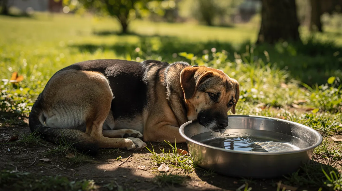 A dog is resting in a shaded area beside a bowl of cool water on a sunny day, providing a safe spot for the furry friend to avoid overheating during the hot weather. Pet owners should be aware of summer hazards like heat stroke and ensure their dogs have access to fresh water and shade while spending time outdoors.