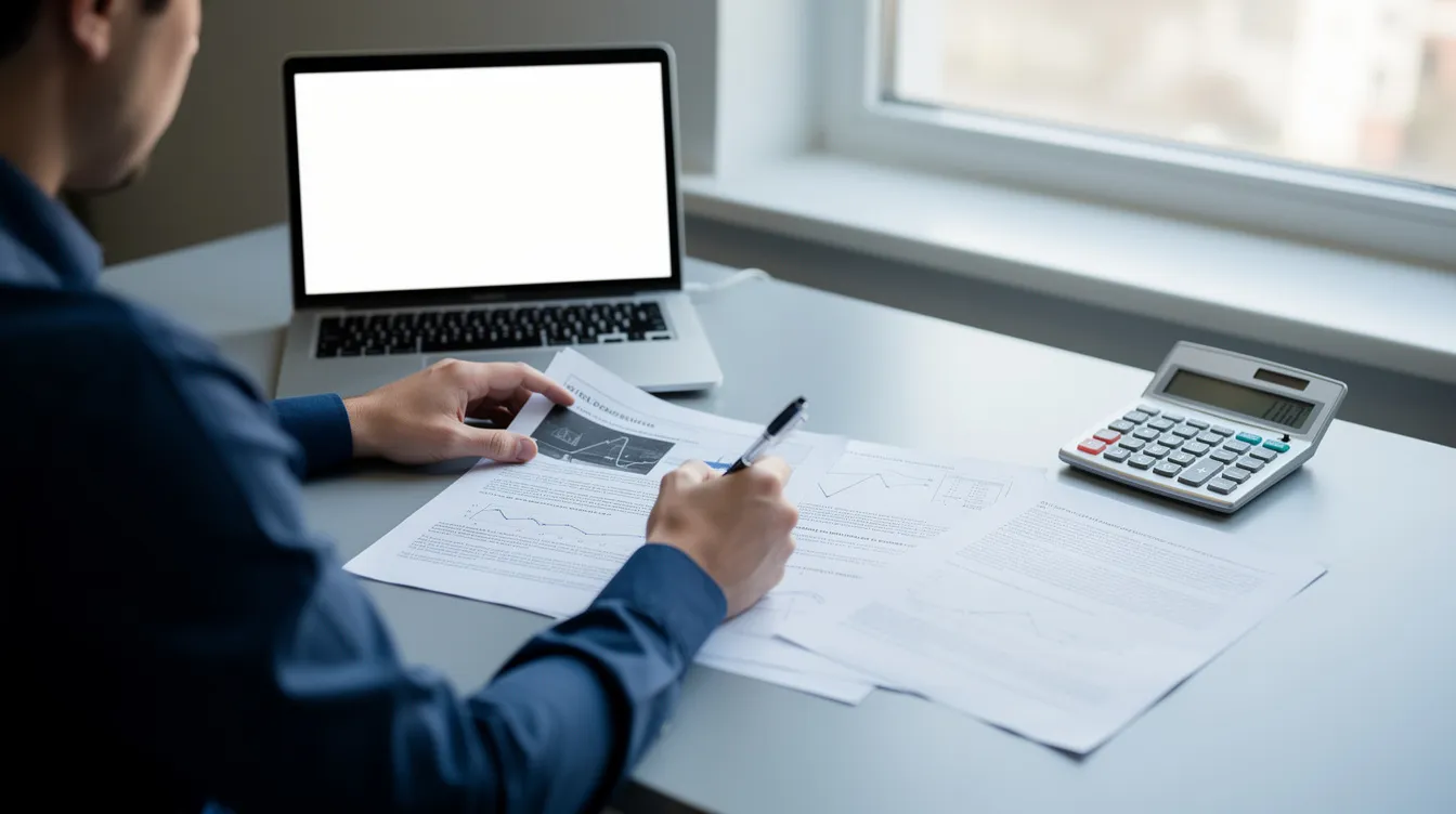 A person is seated at a desk, carefully reviewing printed documents while a laptop is open beside them, and a calculator is placed nearby. This scene suggests they may be evaluating financial options related to hard money loans or real estate investments, potentially focusing on the lending process and loan terms.