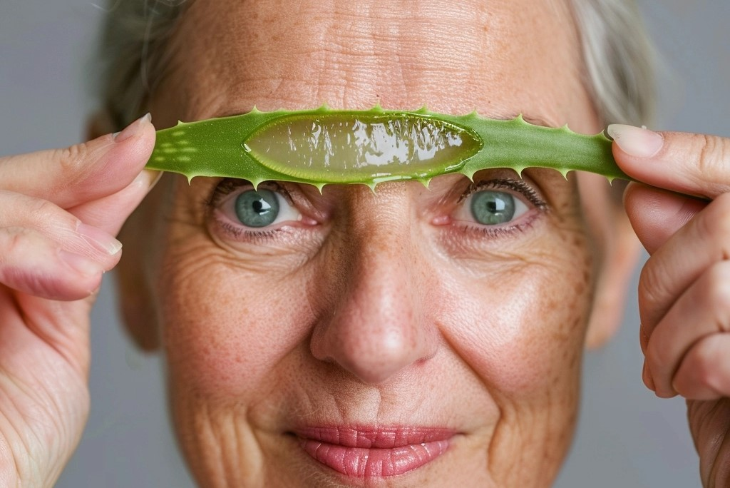 woman in her 50s using aloe vera gel on her skin