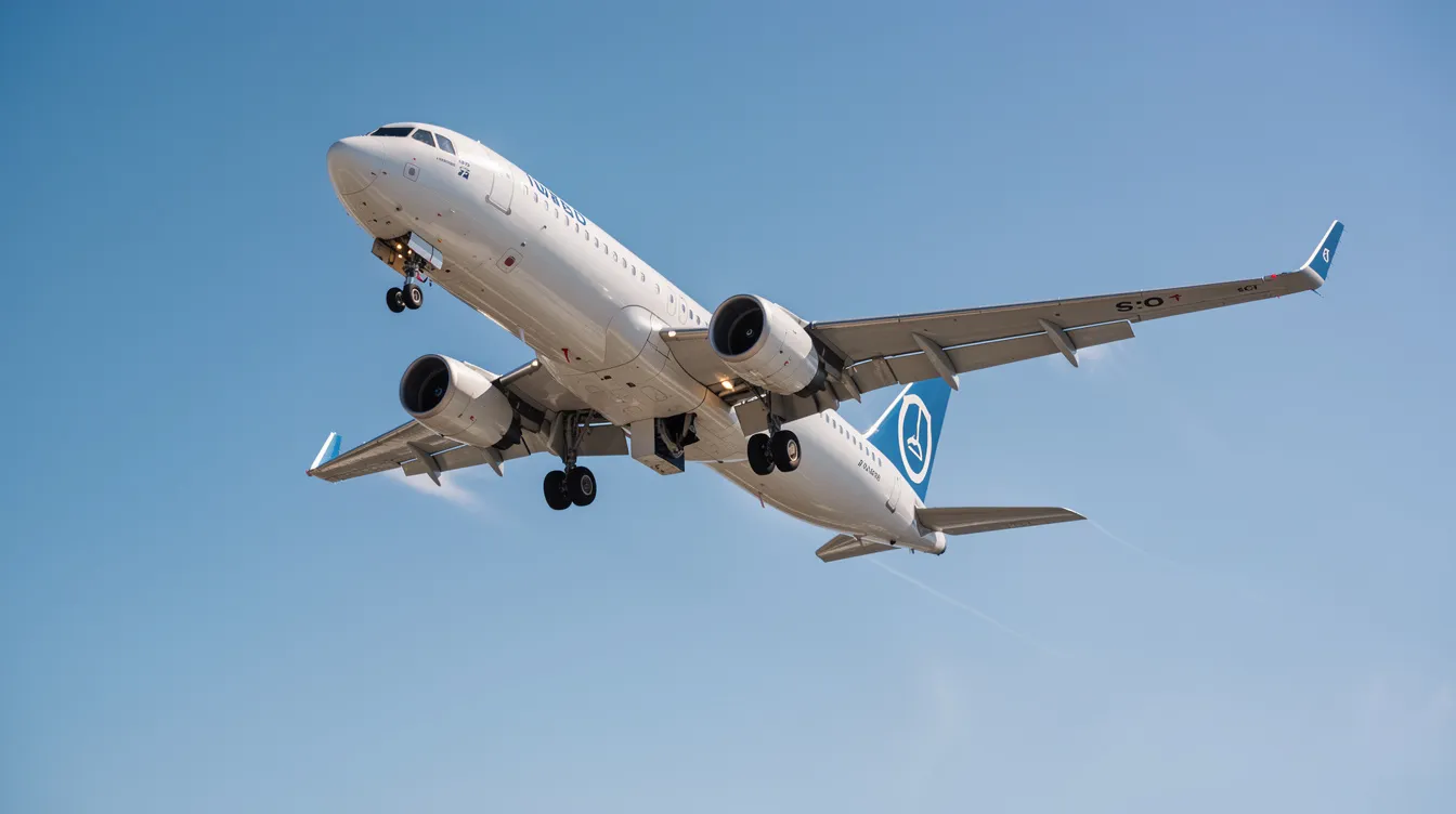 A twin-engine Boeing 757-200 jet is seen climbing steeply into a clear blue sky shortly after takeoff, showcasing its powerful thrust and aerodynamic design, ideal for flying intercontinental routes. The aircraft's sleek fuselage and wings highlight its efficiency and performance, making it a popular choice among airlines like Delta and United.