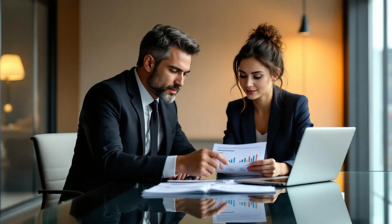 A person is sitting across from a financial advisor, both reviewing retirement planning documents that include details about various pension plans and retirement benefits like the New Jersey public employees retirement system and firemen's retirement system. The setting suggests a professional atmosphere focused on discussing retirement strategies and contributions for eligible employees.