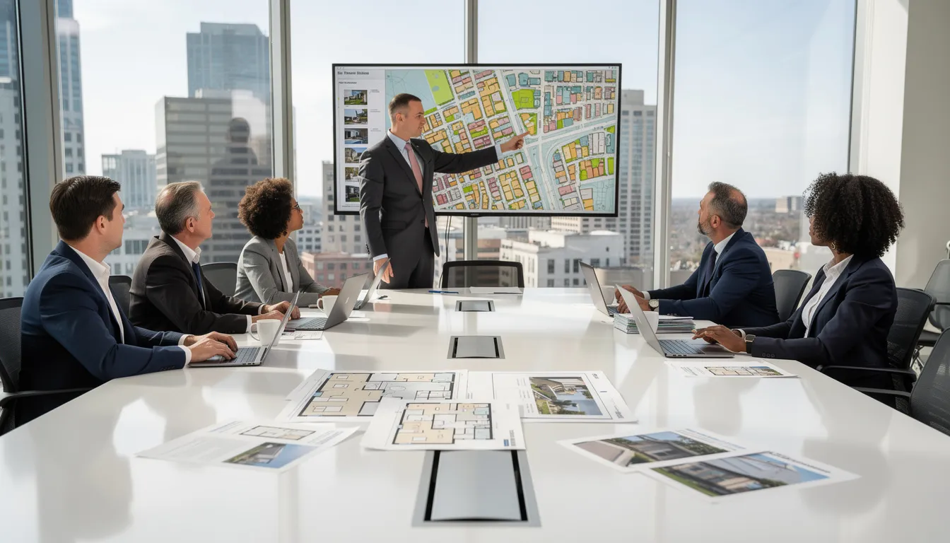 A group of real estate team members collaborates at a conference table, discussing strategies to enhance their real estate business. They are focused on integrating MLS data and optimizing their WordPress website with the best IDX plugin to improve property searches and listings for potential clients.
