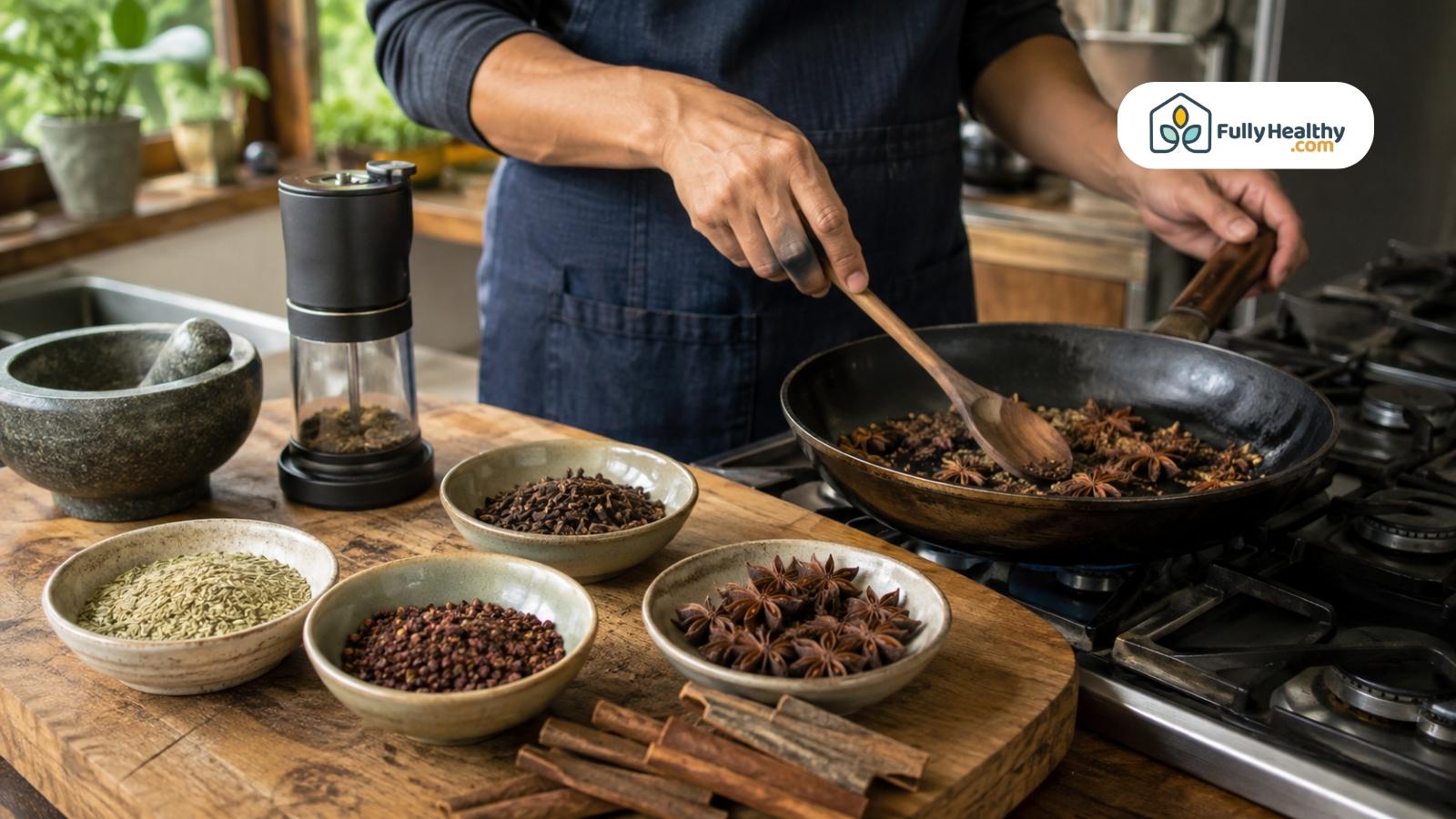 Home cook toasting whole Chinese five-spice ingredients in a skillet
