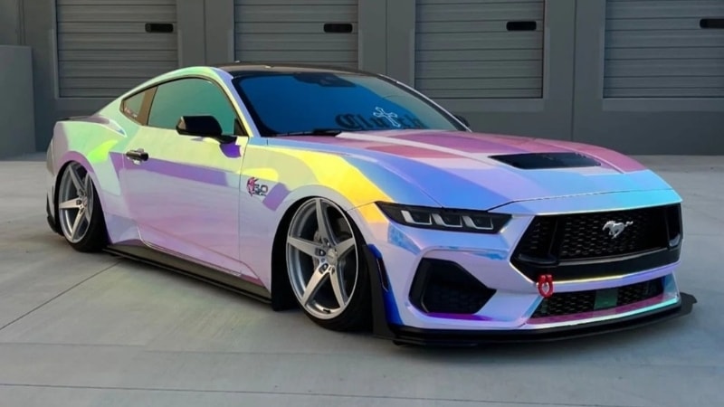 A Mustang wrapped in opal chrome vinyl wrap