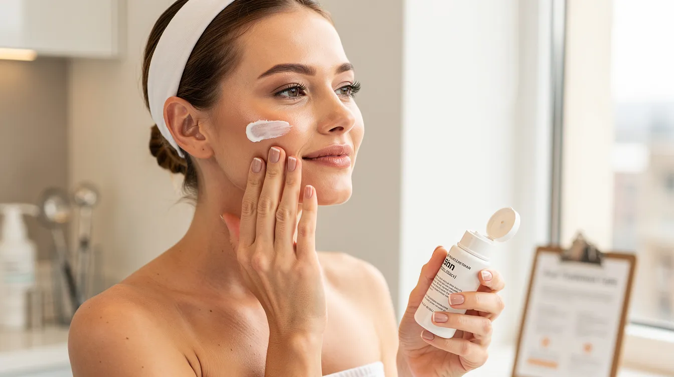 A woman is applying sunscreen to her face after undergoing a facial rejuvenation treatment, showcasing her commitment to protecting her skin following the minimally invasive endolift procedure. The scene emphasizes the importance of skincare in achieving a youthful appearance and visible results with minimal downtime.