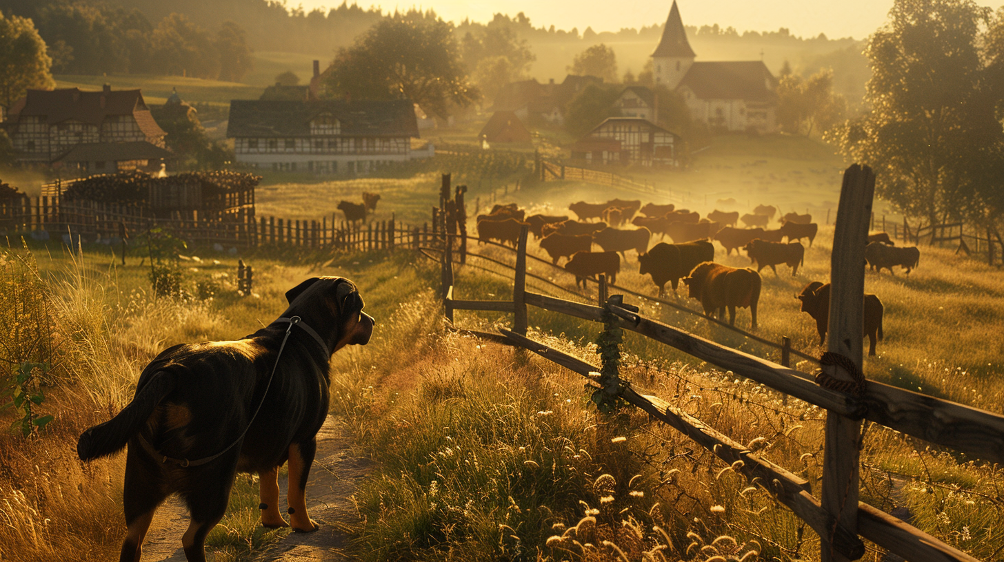 An alert Rottweiler guarding cattle on a cattle drive