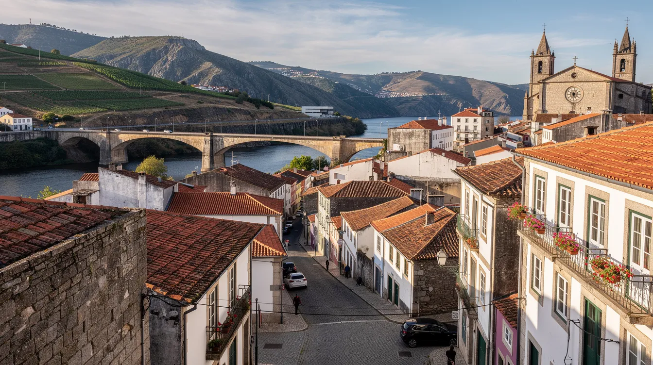 A imagem mostra uma vista panorâmica da cidade de Vila Real, em Portugal, destacando seu centro histórico e a natureza ao redor. É um destino que combina cultura e tranquilidade, ideal para visitantes que buscam explorar a rica história portuguesa.