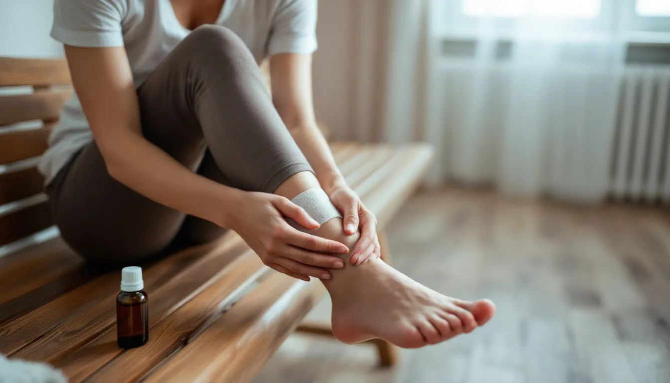 A person is applying essential oil to their sprained ankle, gently massaging the affected area to alleviate pain and reduce swelling. This natural remedy aims to support the healing process and provide relief from discomfort associated with ankle injuries.