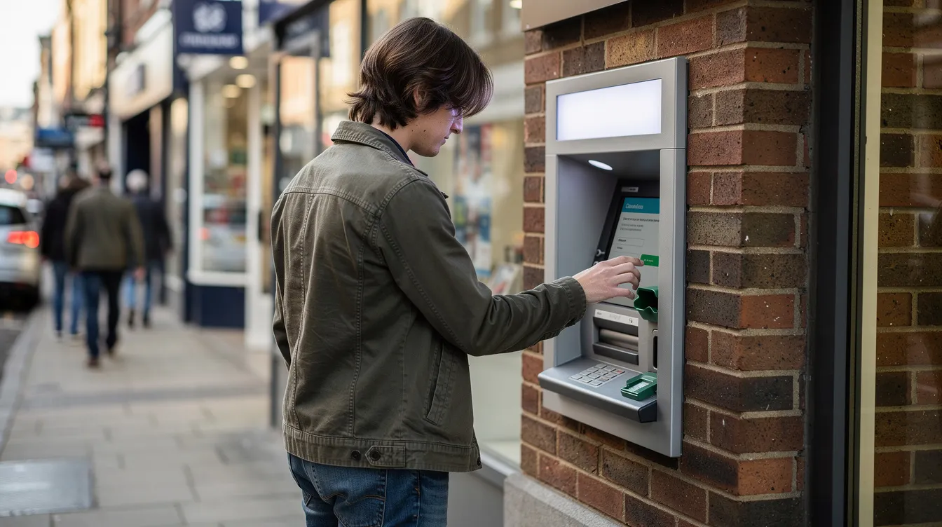 A person is standing at a cash machine on a busy high street, shielding the keypad with one hand while using their debit card to withdraw cash. The scene captures the importance of privacy during a transaction, ensuring the security of their account details.