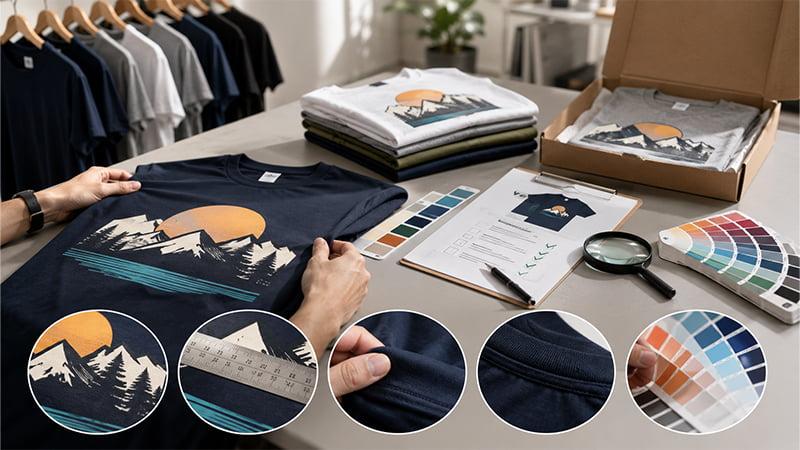 Quality control scene checking T-shirt print details, measurements, stitching, and color accuracy.