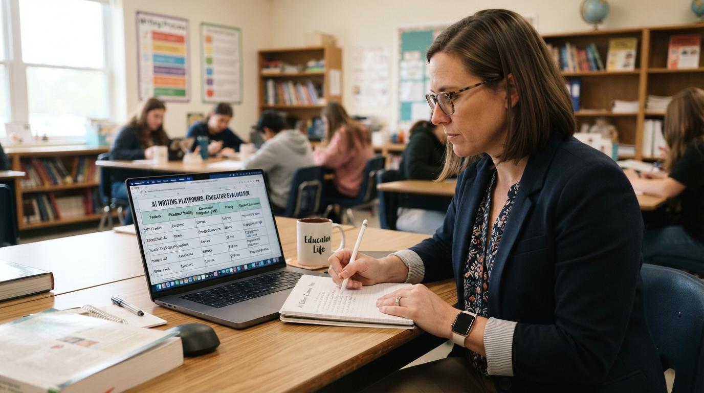Educator comparing multiple AI writing platforms on a laptop with evaluation criteria including feedback quality, classroom integration, pricing, and student outcomes