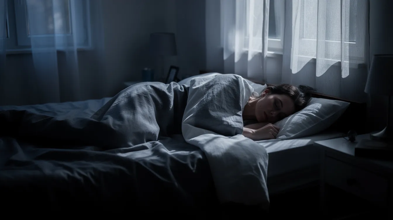 A person is peacefully sleeping in a dark bedroom, with soft moonlight filtering through the curtains, creating a serene atmosphere ideal for deep sleep and restorative sleep cycles. This tranquil scene highlights the importance of sleep quality and maintaining a healthy sleep schedule for overall well-being.