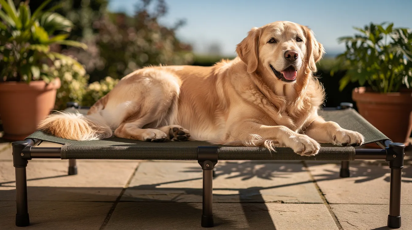 A large golden retriever is comfortably lounging on a premium outdoor bed kazoo pet, which features a mesh design, on a sunny patio. The elevated outdoor dog bed provides a breezy spot for the dog to relax and enjoy the warm weather.