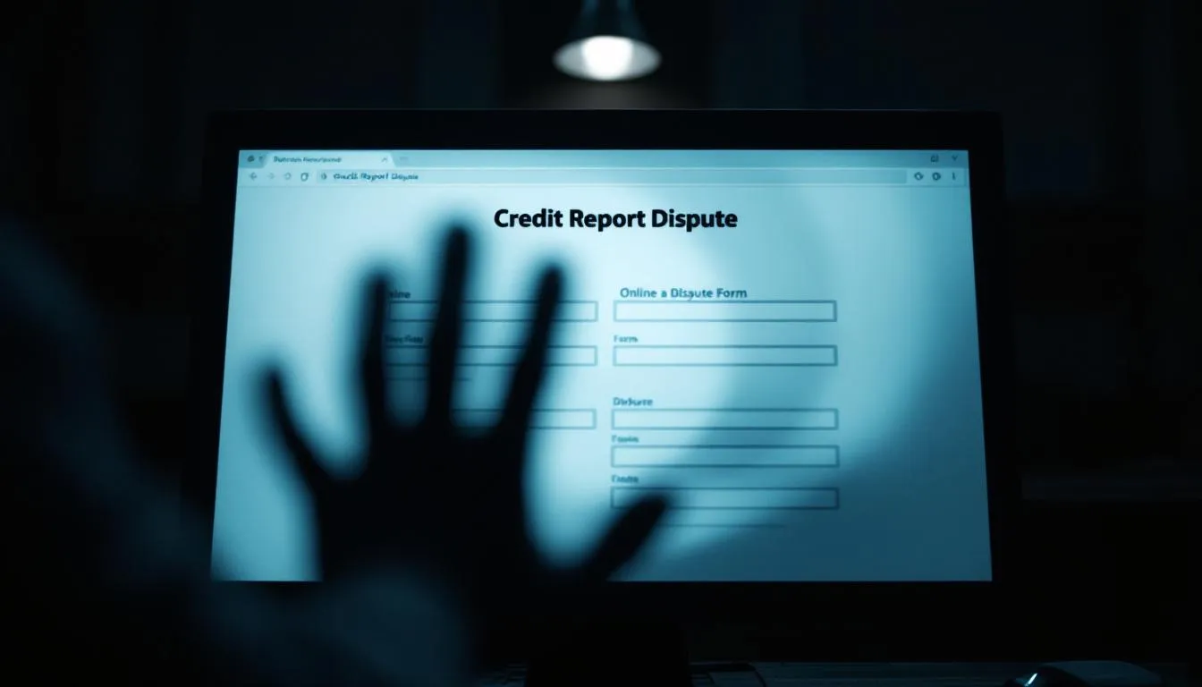 Step-by-step guide to starting a credit report dispute, with visual aids and a blurred screen showing an online dispute form.