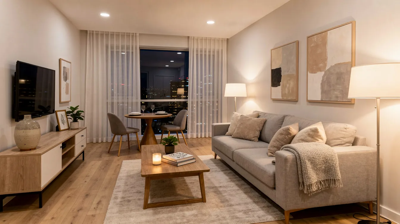 The image depicts a modern apartment interior that is professionally staged for short-term rental, featuring tasteful furniture and warm lighting, ideal for attracting potential guests on the Airbnb platform. This inviting space reflects the value proposition of local hosts in the sharing economy, offering a cozy accommodation option for travelers seeking unique properties.