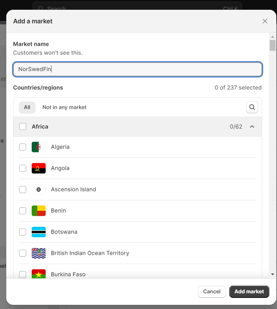 Shopify dashboard - Market settings - Overview - Adding new markets - Popup - Naming a new market