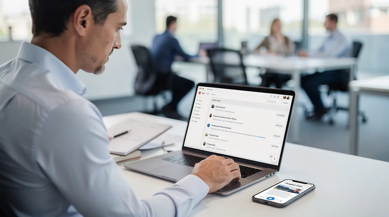 A professional sits at a desk with a laptop and phone, meticulously reviewing outreach communications and analyzing sales sequences to optimize engagement with prospects. The workspace reflects a focus on effective sales strategies, including manual tasks and the evaluation of subject lines to drive deeper engagement in the buyer's journey.