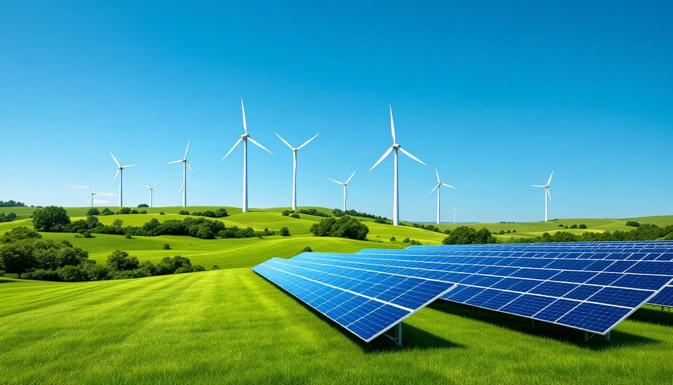 Das Bild zeigt Windkraftanlagen und Solarpanels, die harmonisch in einer grünen Landschaft integriert sind. Diese Technologien repräsentieren nachhaltige Investitionen und sind ein wichtiger Bestandteil der Unternehmensverantwortung im Hinblick auf Umwelt und soziale Aspekte.