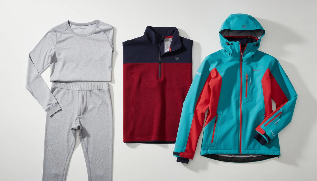 Na jasnym tle rozłożone są trzy warstwy odzieży narciarskiej: bielizna termoaktywna, polar oraz kurtka narciarska, które zapewniają komfort termiczny i ochronę przed zimnem podczas jazdy na nartach. W skład stroju narciarskiego wchodzą także spodnie narciarskie oraz akcesoria, takie jak rękawice i czapka, które są niezbędne w sportach zimowych.