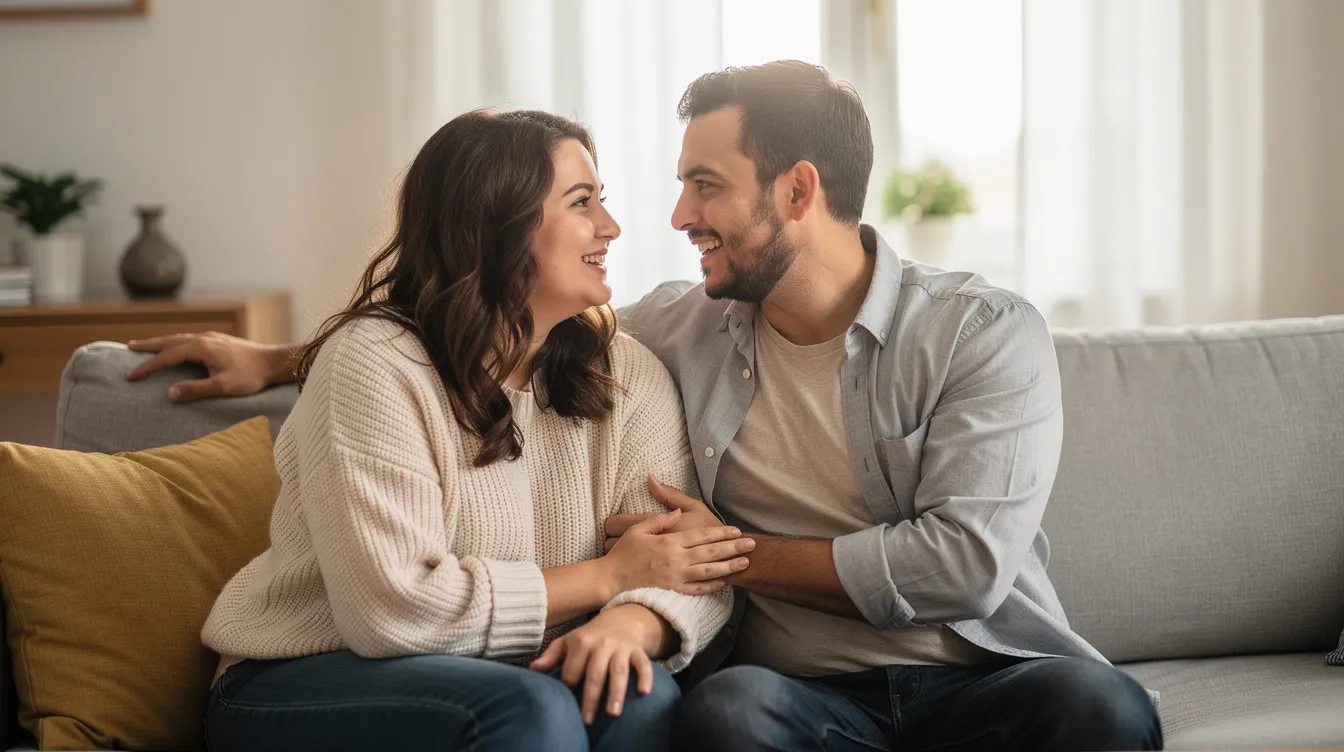 A couple is engaged in a heartfelt conversation, showcasing signs of a healthy relationship through honest communication and genuine interest in each other's feelings. They create a safe space where both partners feel heard and respected, emphasizing the importance of emotional connection and mutual support during tough moments.