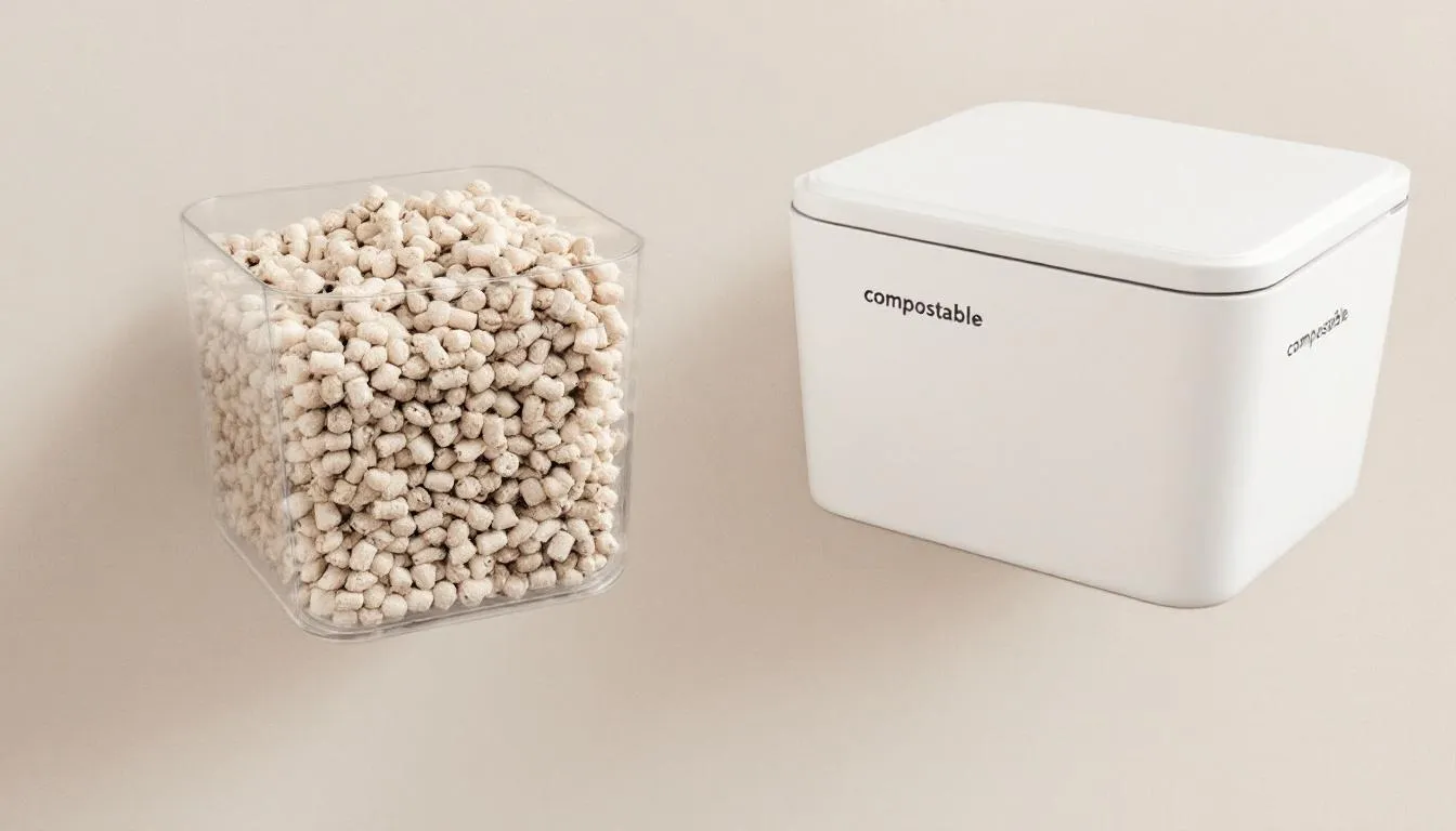 The image depicts an eco-friendly setup for handling soiled dog litter, featuring biodegradable dog litter pellets in a dog litter box alongside compostable waste disposal bags. This arrangement is designed for pet parents who prioritize their dog