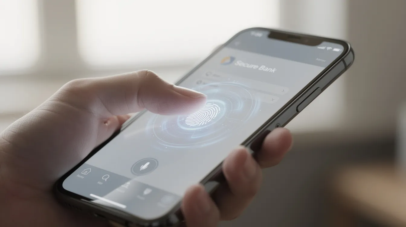 A close-up view of a smartphone screen showcases a fingerprint scanner being used to unlock a banking app, highlighting the security features essential for accessing financial services. This image represents the convenience of mobile banking, a key aspect of leading digital banks that offer app-only bank accounts and budgeting tools.