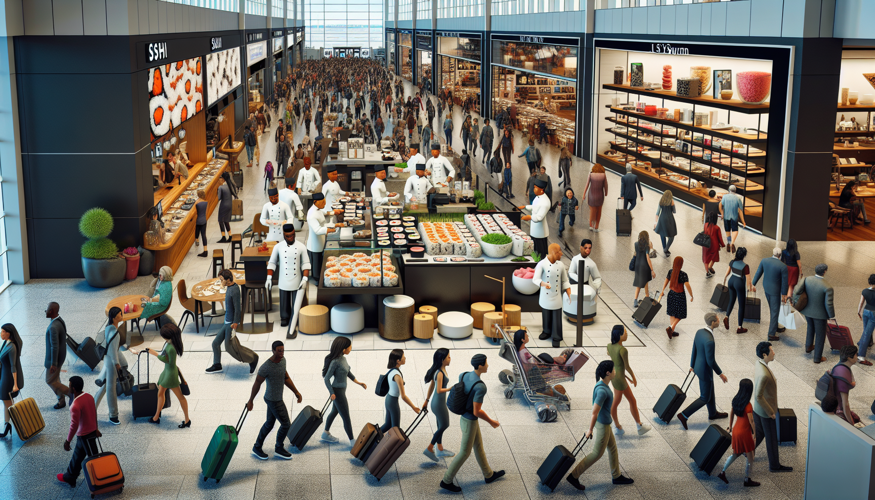 Interior of JFK Terminal 1 with passengers and airport facilities