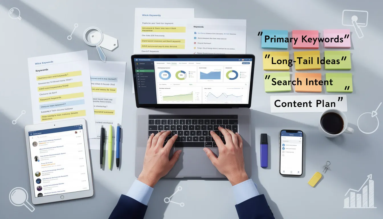 The image illustrates the concept of keyword research and planning, essential for effective search engine marketing campaigns. It features various elements such as search queries, relevant keywords, and strategies for optimizing ad placements to enhance visibility in search engine results pages and attract targeted traffic.