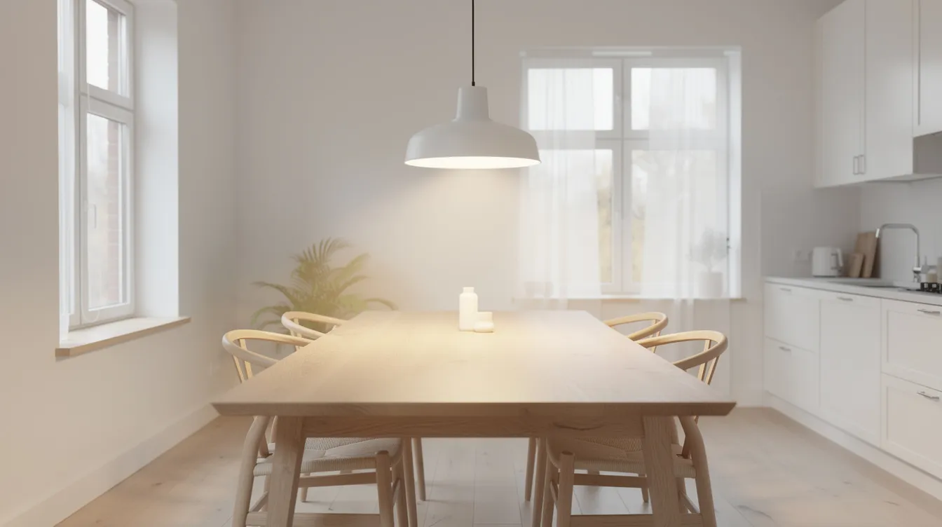 En taklampa hänger i rätt höjd ovanför ett trämatbord i ett ljust skandinaviskt kök, vilket skapar en varm och inbjudande atmosfär för matlagning och umgänge. Belysningen i köket ger ett behagligt ljus som förstärker den moderna designen och funktionaliteten i rummet.