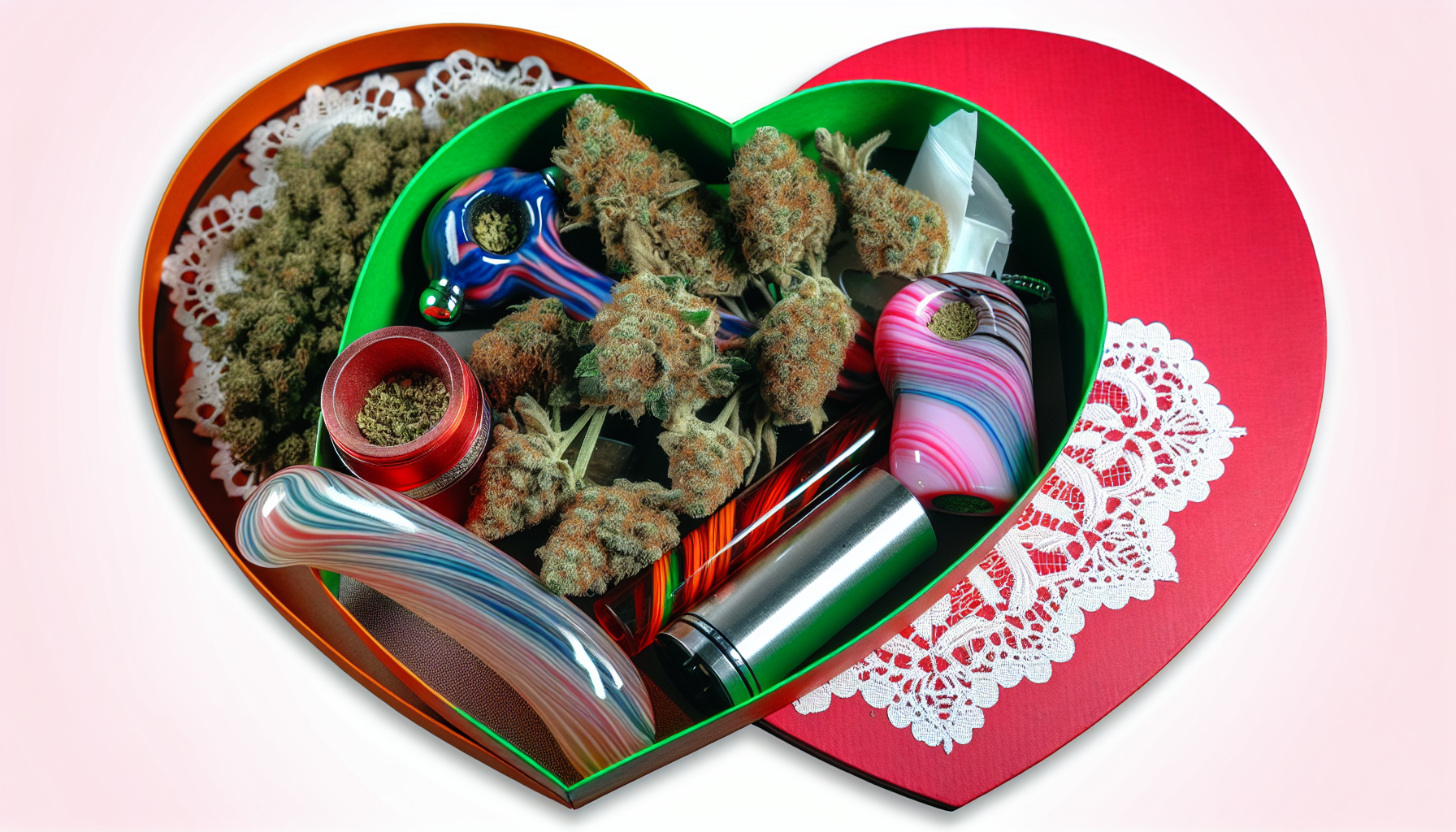 A heart-shaped box filled with cannabis-themed Valentine's Day gifts