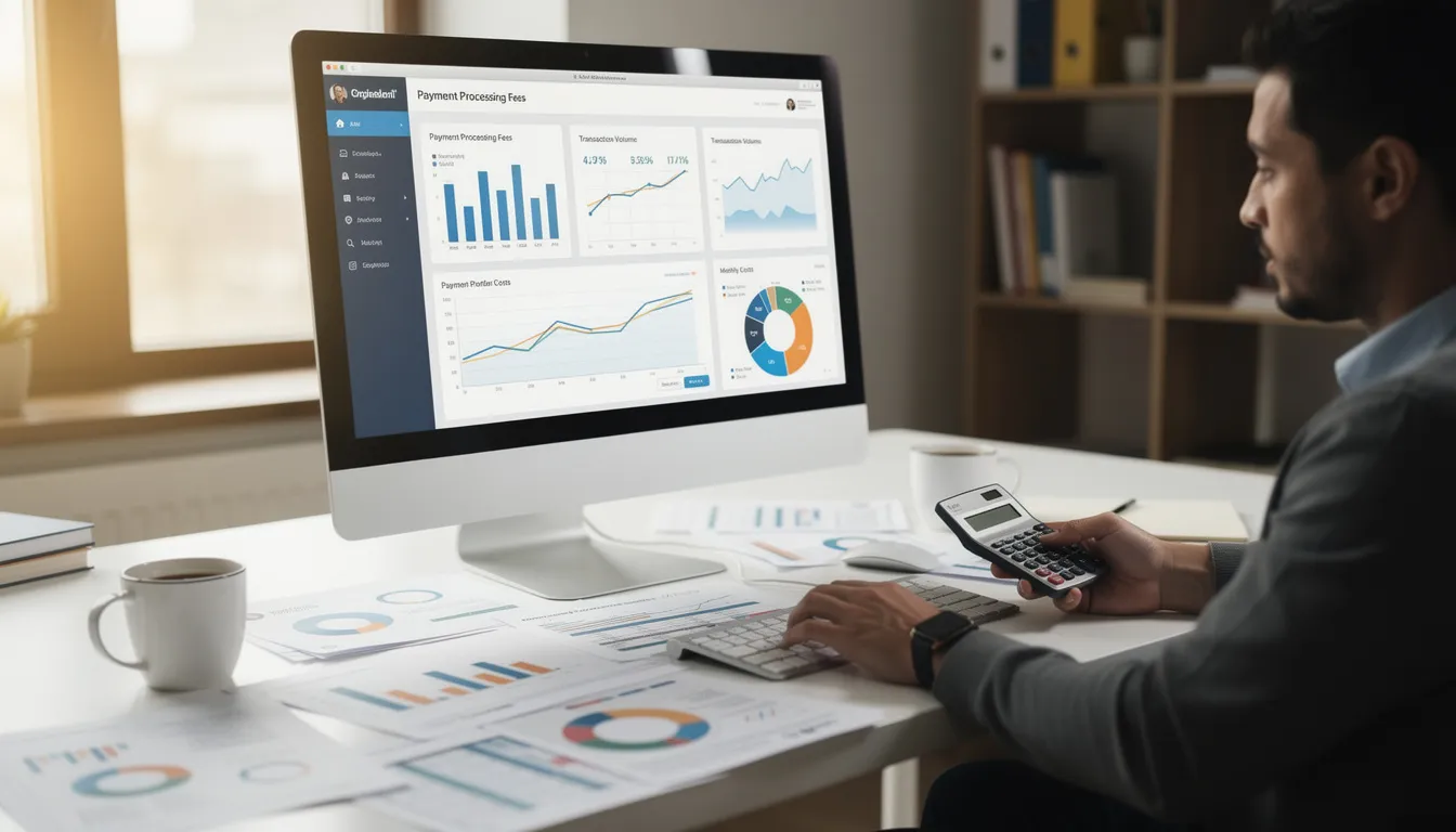 A business owner is seated at a desk, analyzing payment processing costs on a computer, with a calculator and various charts displayed. The scene emphasizes the importance of selecting the right payment gateway and understanding transaction fees to enhance online payment processing for their business operations.