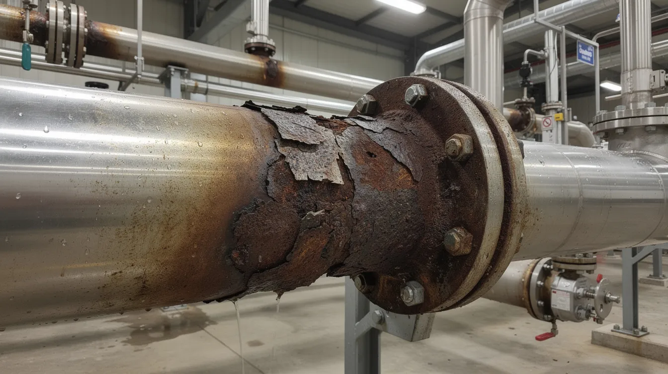 The image depicts a section of water treatment piping showing visible signs of corrosion, highlighting the impact of corrosive elements on various metals such as steel and copper alloys. This emphasizes the importance of corrosion control measures, like the use of corrosion inhibitors, to maintain the integrity of treatment systems.