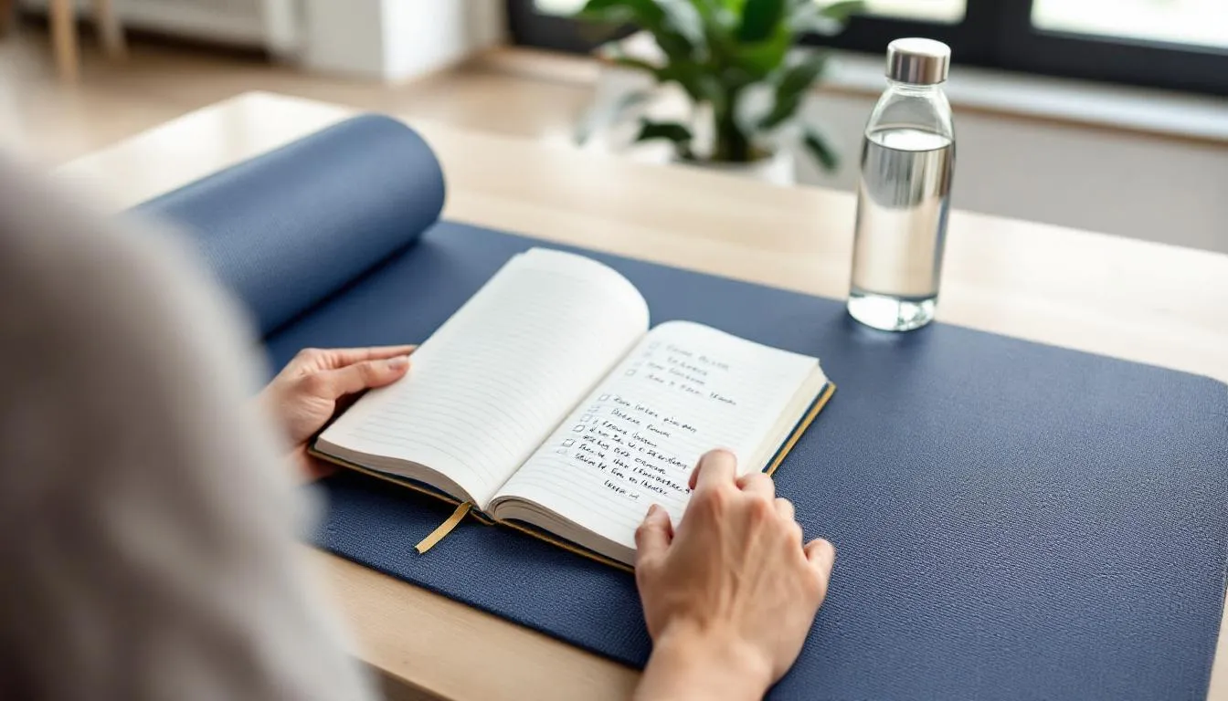 A person is sitting on an exercise mat, writing in a journal to track their progress in pilates workouts, with a water bottle nearby. This scene emphasizes the importance of documenting one's pilates practice and staying hydrated during at home pilates routines.